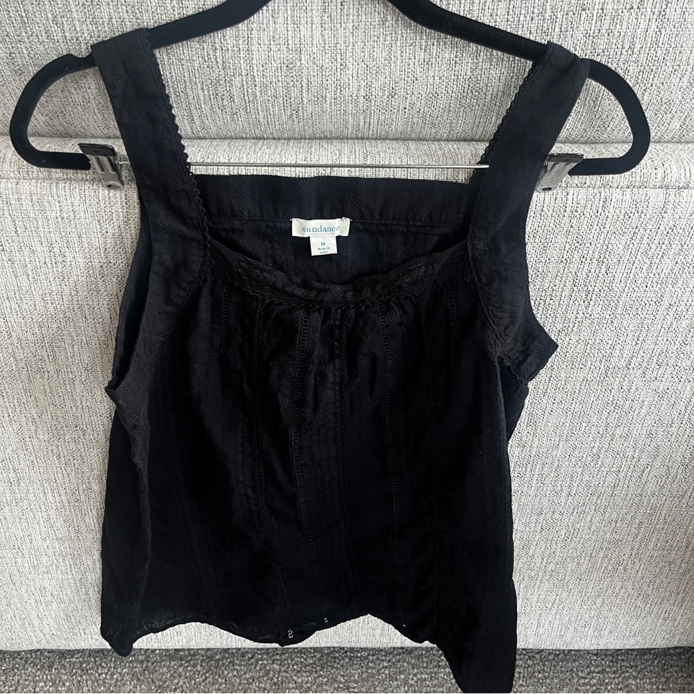 Sundance Embroidered Gauzy Cotton Black Tank Top Womens Medium